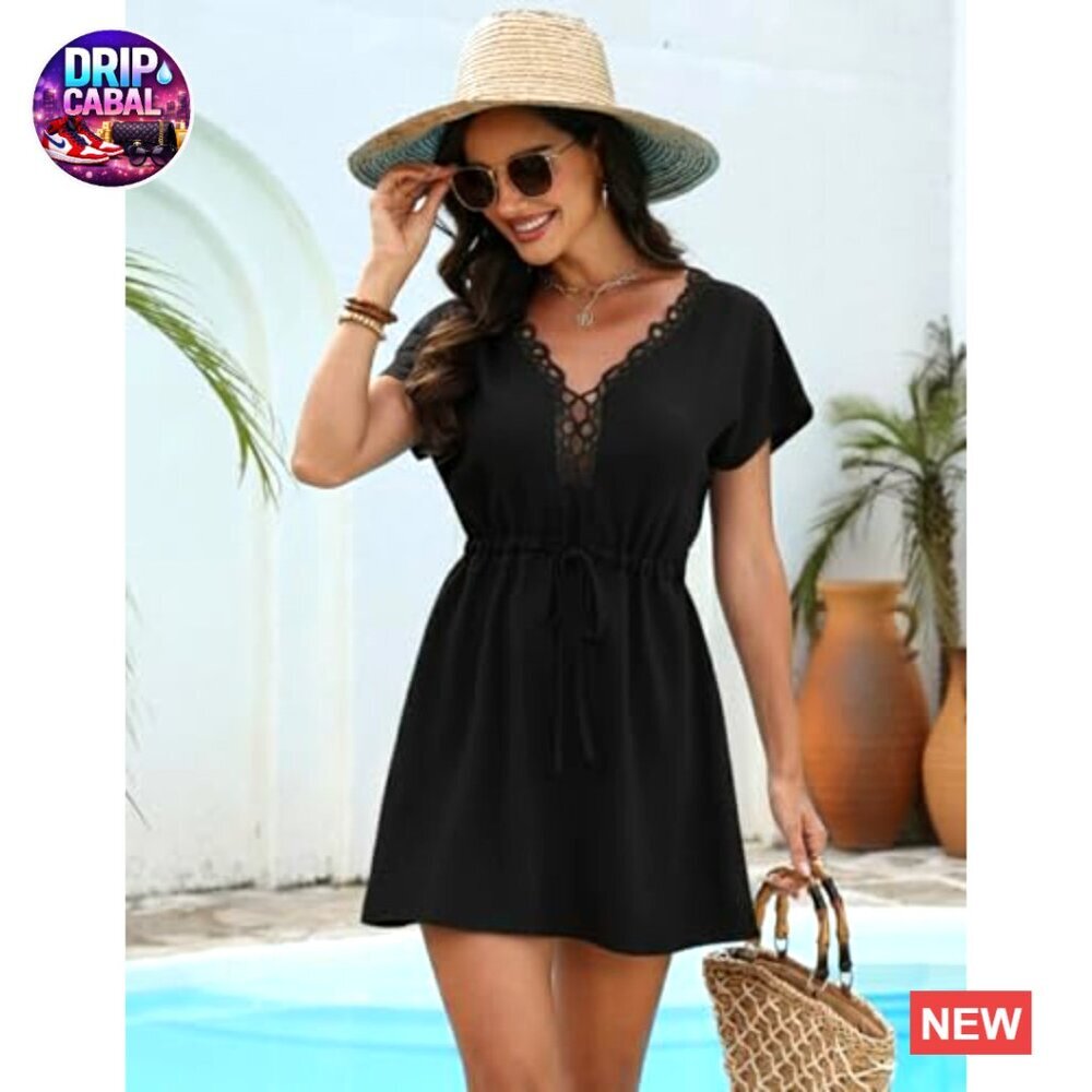 Lace Crochet V Neck Swimsuit Coverup Beach Dress Short Sleeve - Picture 5 of 6